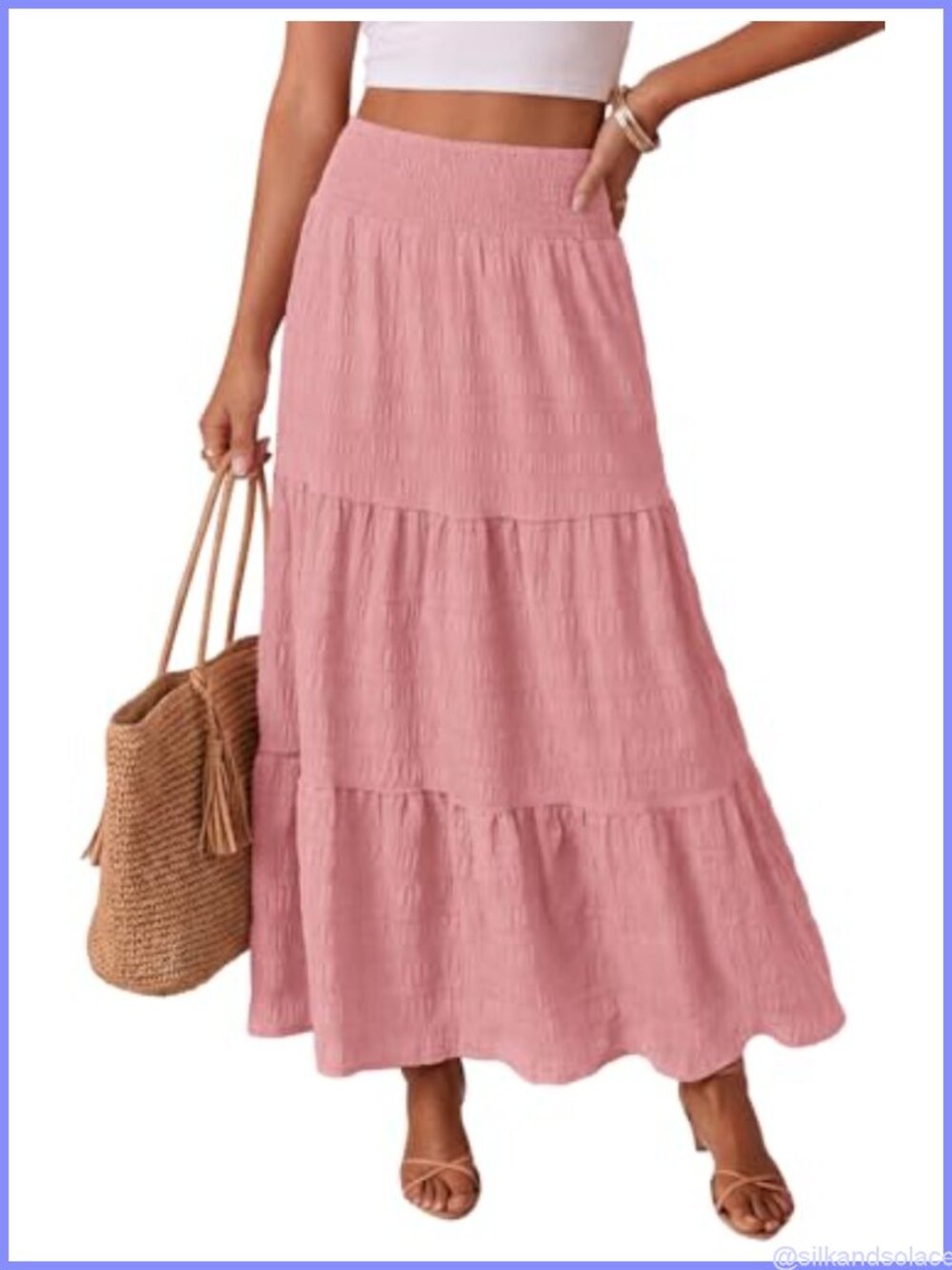 Women's Boho Maxi Skirt Smocked Tiered A-Line Long Flowy Beach Skirt with